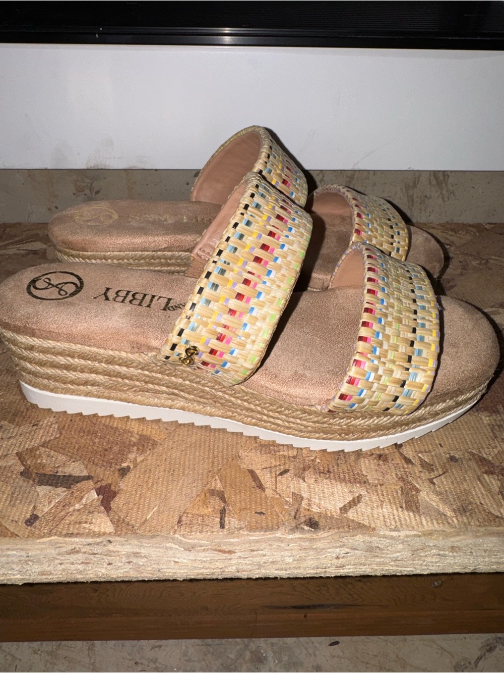 Sam & Libby Beige Woven Espadrille Slide Sandals with Multicolor Accents
